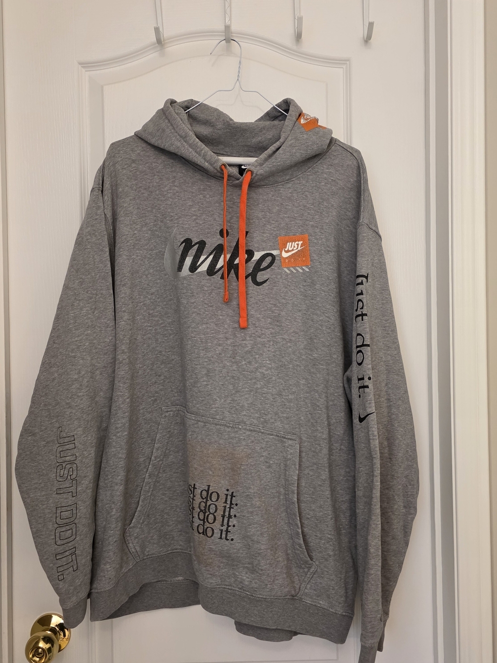 Nike Men's Gray Crewneck Hoodie with Orange Drawstrings